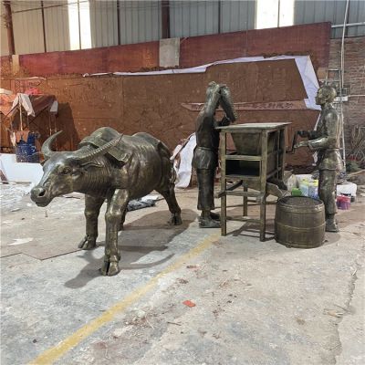 玻璃鋼仿銅人物、牛和風車