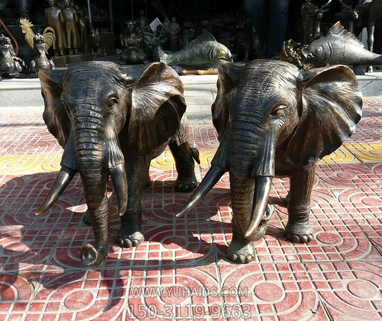鑄銅小象一對，吉祥動物銅雕擺件雕塑