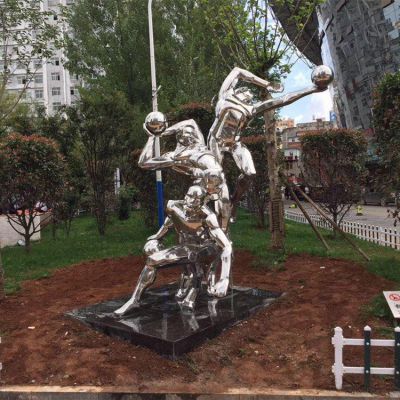 打籃球，不銹鋼鏡面體育運動主題人物雕塑