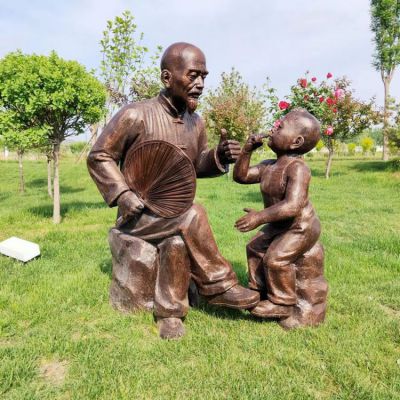 爺爺和孫子，民俗人物情景雕塑