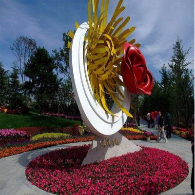 姊妹并艷，不銹鋼創意玫瑰花、菊花景觀雕塑