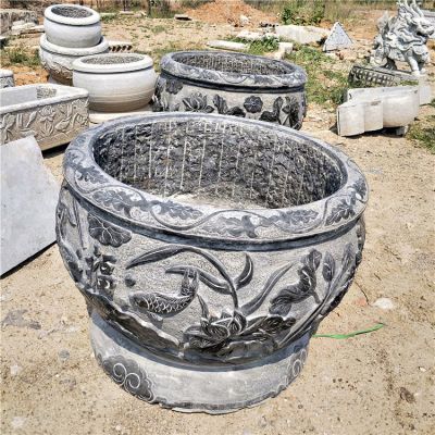 青石魚缸，鯉魚荷花刻紋仿古水缸