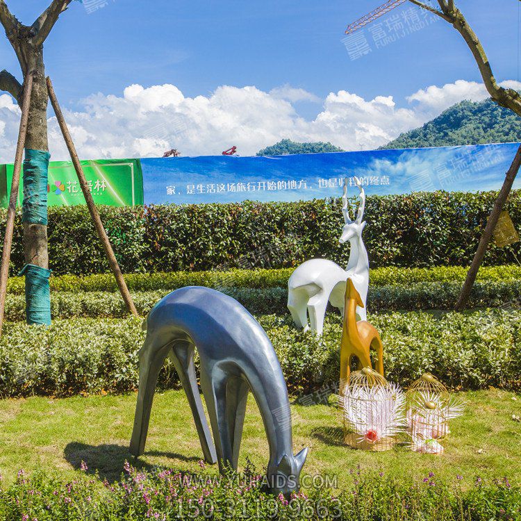 玻璃鋼抽象鹿雕塑，小區園林抽象動物擺件