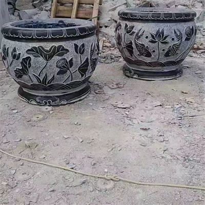 鯉魚，荷花，荷葉紋飾石雕水缸