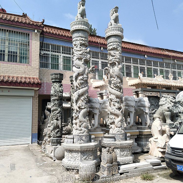 盤龍柱，花崗巖高浮雕龍柱子雕塑